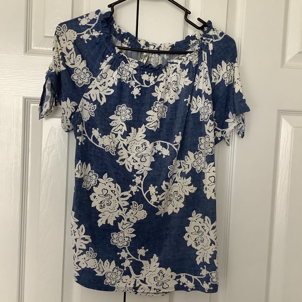 EUC PerSeption Concept Top Elastic Neckline Navy White Tie Sleeves S